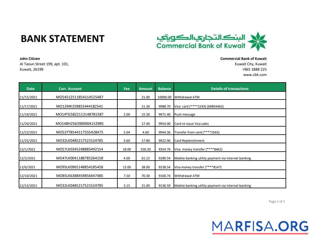 Blank Kuwait Commercial bank statement excel sample